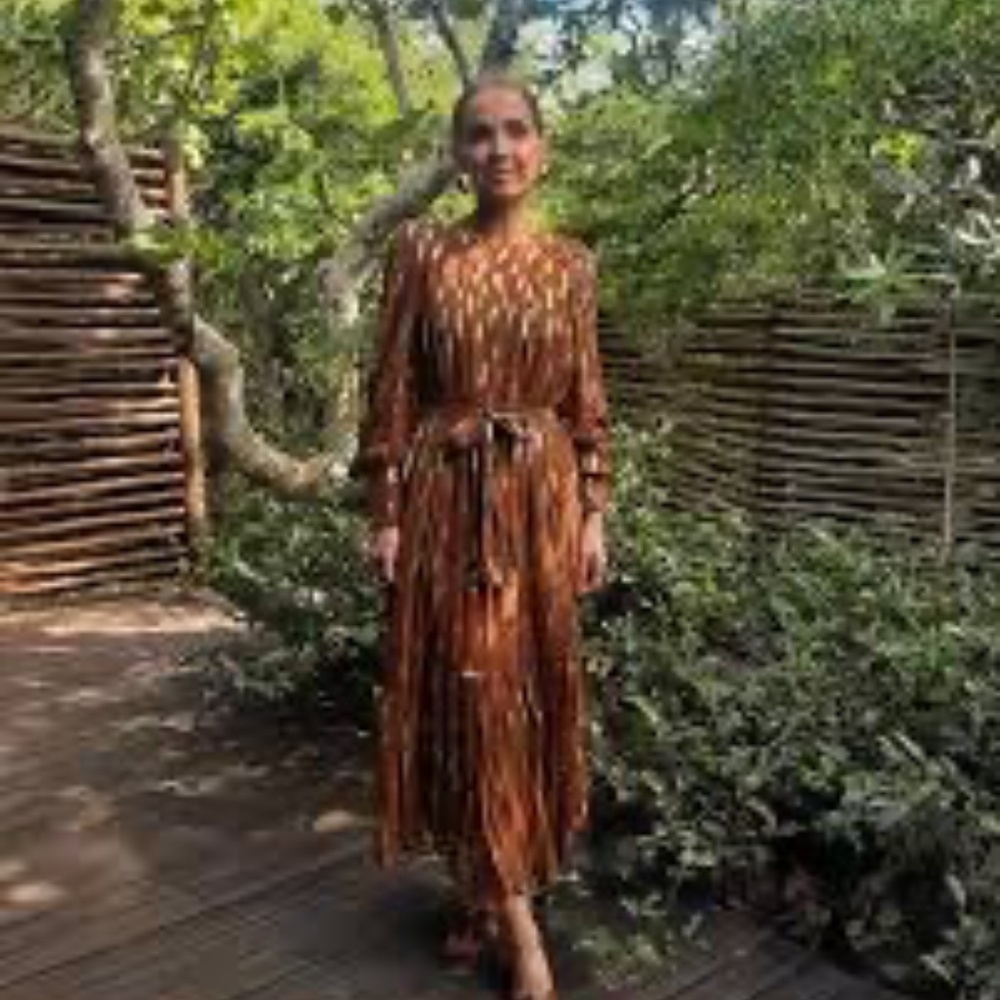 Anthropologie CIEBON Eryn Tie Waist Long Sleeve Maxi Dress Brown Gold Metallic